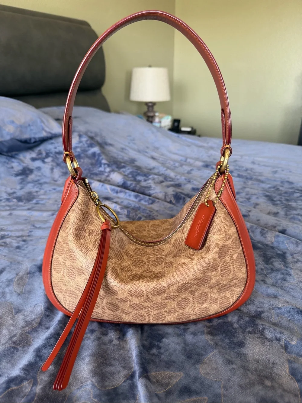 Coach Brown Signature Canvas Hobo with Burnt Orange Leather Trim